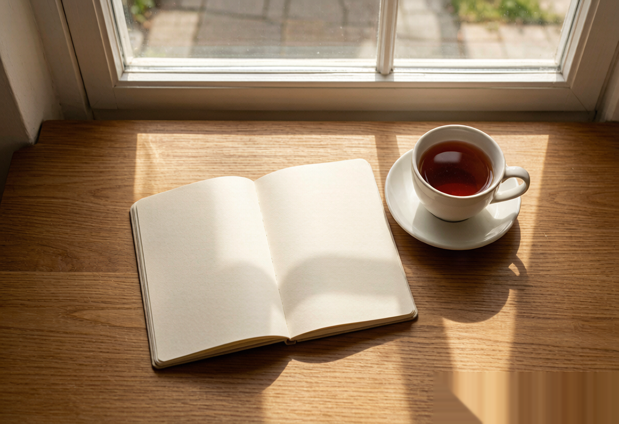 Open notebook and tea by sunny window